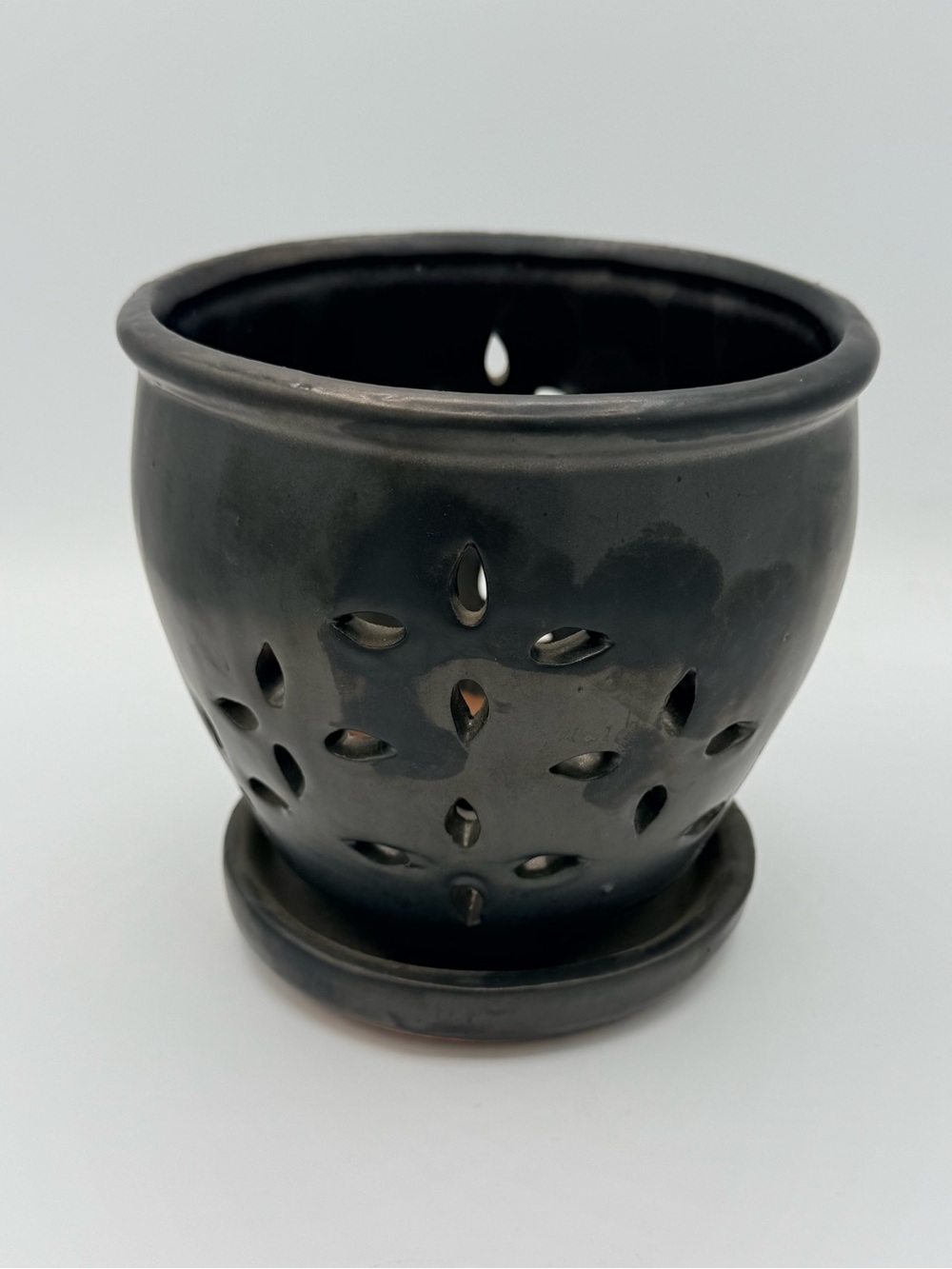 NEW Verandah Ceramic Orchid Pot - Matte Black Glazed Floral Cutout
